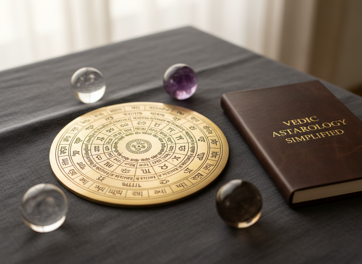 A sophisticated, photographic close-up of a circular brass Vedic astrology birth chart disk, etched with precise Sanskrit symbols and zodiac signs, resting on a deep charcoal linen cloth. Around it lie a few smooth crystal spheres and a slim, closed leather notebook, suggesting structured study. Soft, diffused morning light from the left creates gentle highlights along the metal engravings and subtle shadows in the fabric folds. The background falls into a creamy bokeh, keeping focus on the chart. Shot at eye level with a shallow depth of field, the mood is calm, intelligent, and refined, embodying the idea of “Vedic Astrology Simplified” in a clean, modern, photographic realism style.