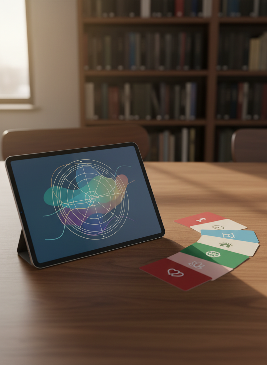 A refined, photographic still life representing personalized online astrology consultations: a sleek tablet lying flat on a walnut table, displaying a softly glowing, abstract natal chart wheel with clean lines and muted jewel tones. Beside it rests a set of color-coded cards bearing non-text, symbolic icons for life areas like career, relationships, and spirituality. The background reveals a blurred hint of floor-to-ceiling bookshelves filled with orderly, dark-spined volumes. Gentle golden-hour light filters in from an unseen window, creating soft reflections on the tablet screen and casting long, elegant shadows. Shot from a three-quarter overhead angle with moderate depth of field, the mood is professional yet warm, conveying clarity, structure, and trust for consultation or services pages.