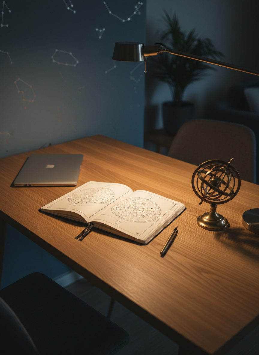 A wide photographic scene of a minimalist wooden desk set against a muted midnight-blue wall subtly patterned with faint, nearly invisible constellations. At the center lies an open, cream-colored astrology notebook with neat circular birth chart diagrams and clean geometric lines, accompanied by a slim fountain pen and a small brass armillary sphere. A laptop is closed to one side, suggesting digital consultation without dominating the frame. Warm, focused desk-lamp light pools softly over the notebook, while the room beyond fades into shadow. Captured from a slightly elevated angle using the rule of thirds, the atmosphere feels contemplative, organized, and welcoming, perfect for a homepage hero image about thoughtful, structured astrology guidance.
